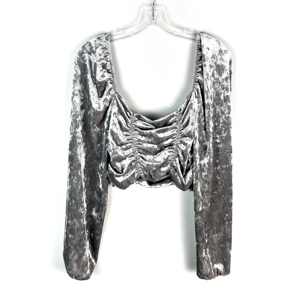 H&M Silver Metallic Velvet Ruched Long Sleeved Cropped Party Blouse NWT Large L - Picture 1 of 4